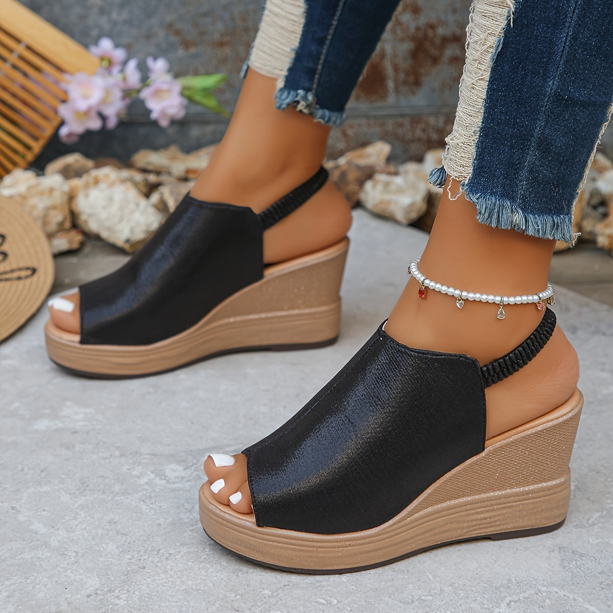 Beige wedge sandals with orthopedic support, featuring a slip-resistant grip and a casual, comfortable style. 2