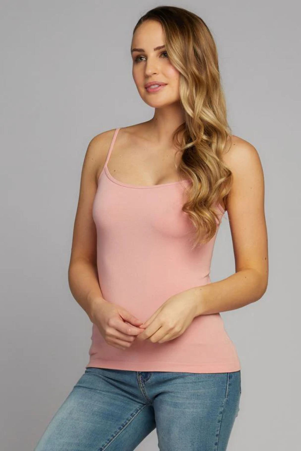 Light gray camisole made from a bamboo blend, featuring adjustable straps and a relaxed, casual style. 5