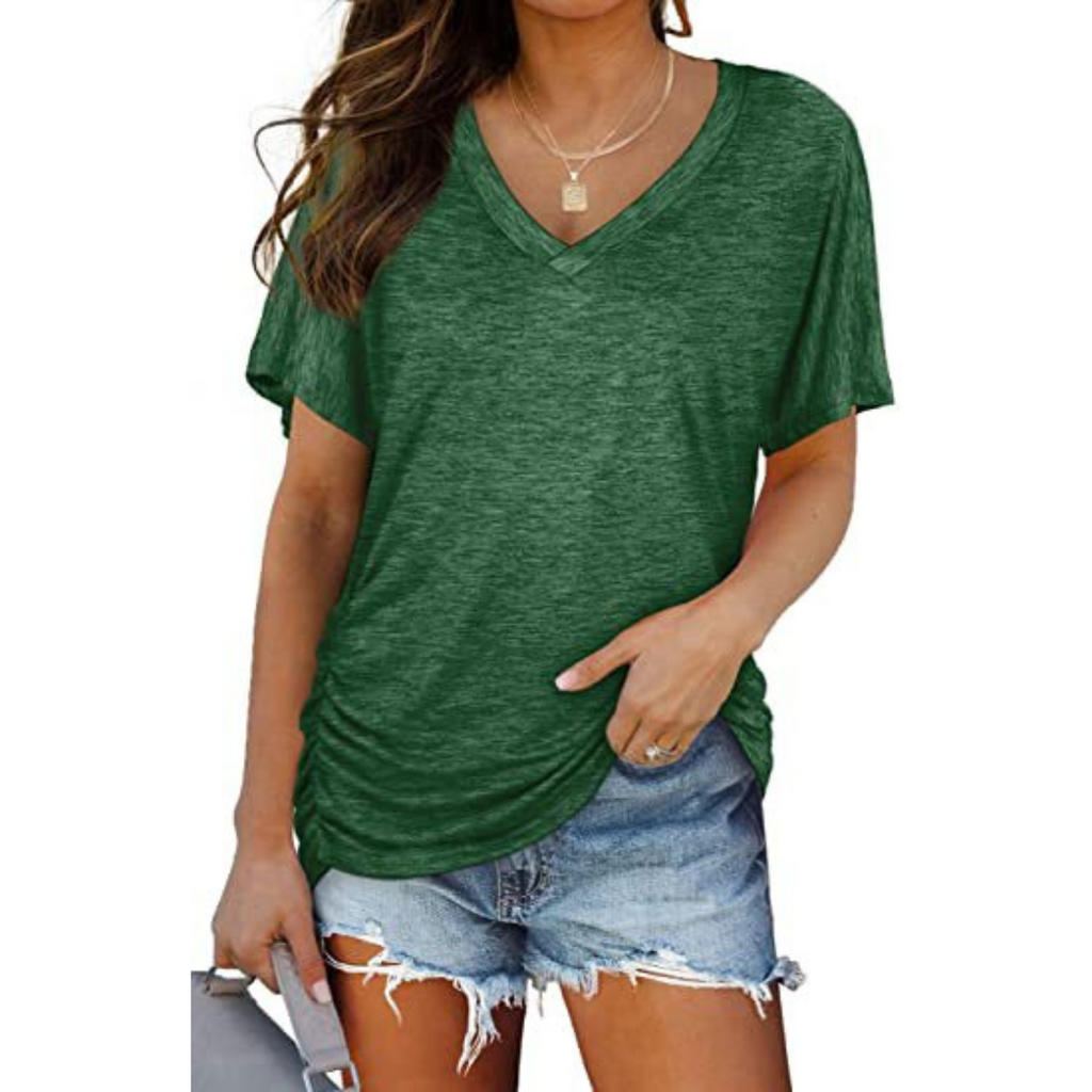 Clara women's shirt in solid navy blue, featuring a classic V-neck and loose fit style. 0