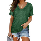 Clara women's shirt in solid navy blue, featuring a classic V-neck and loose fit style. 0
