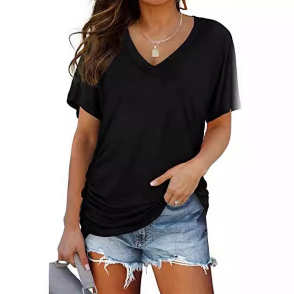 Clara women's shirt in solid navy blue, featuring a classic V-neck and loose fit style. 1