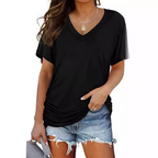 Clara women's shirt in solid navy blue, featuring a classic V-neck and loose fit style. 1