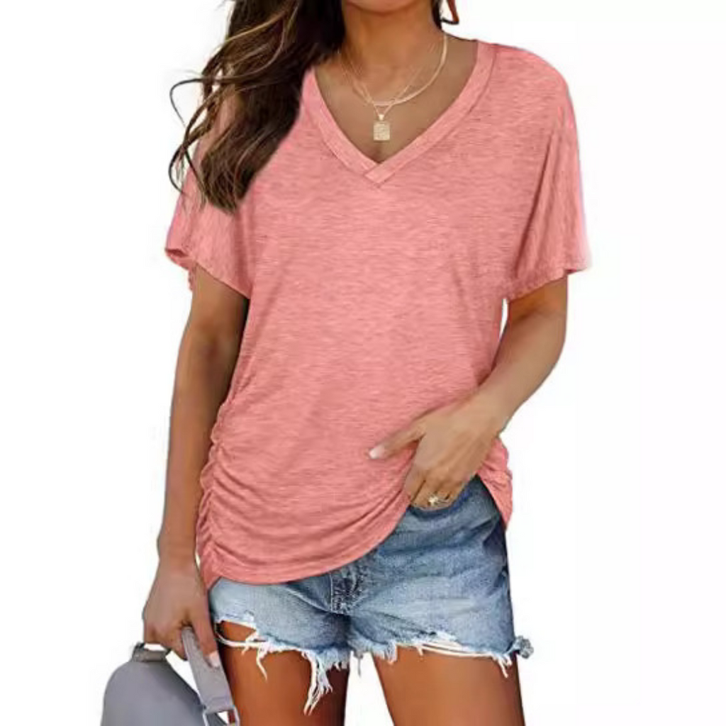 Clara women's shirt in solid navy blue, featuring a classic V-neck and loose fit style. 3