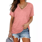 Clara women's shirt in solid navy blue, featuring a classic V-neck and loose fit style. 3