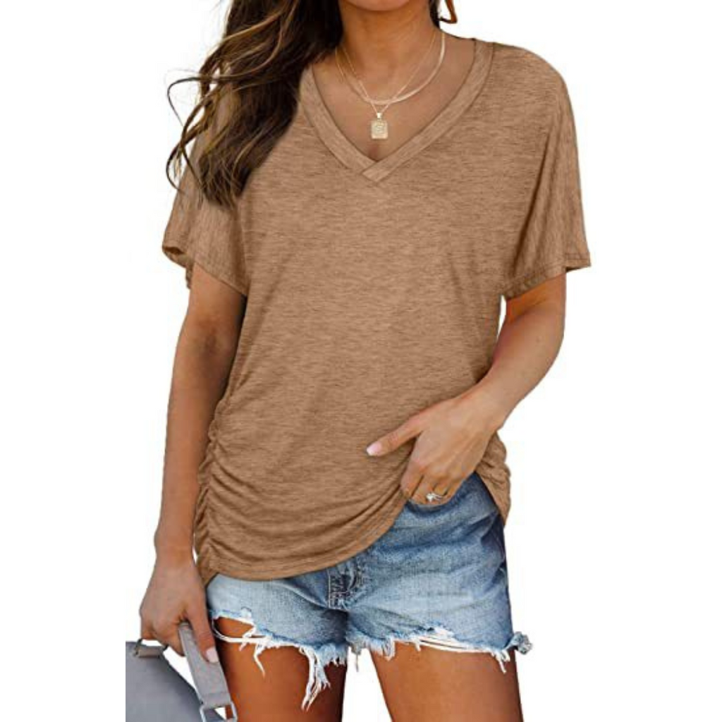 Clara women's shirt in solid navy blue, featuring a classic V-neck and loose fit style. 4