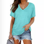Clara women's shirt in solid navy blue, featuring a classic V-neck and loose fit style. 6