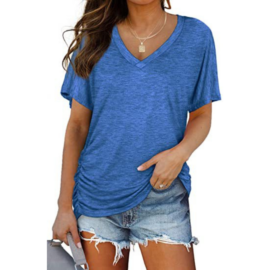 Clara women's shirt in solid navy blue, featuring a classic V-neck and loose fit style. 7