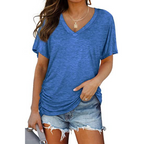 Clara women's shirt in solid navy blue, featuring a classic V-neck and loose fit style. 7