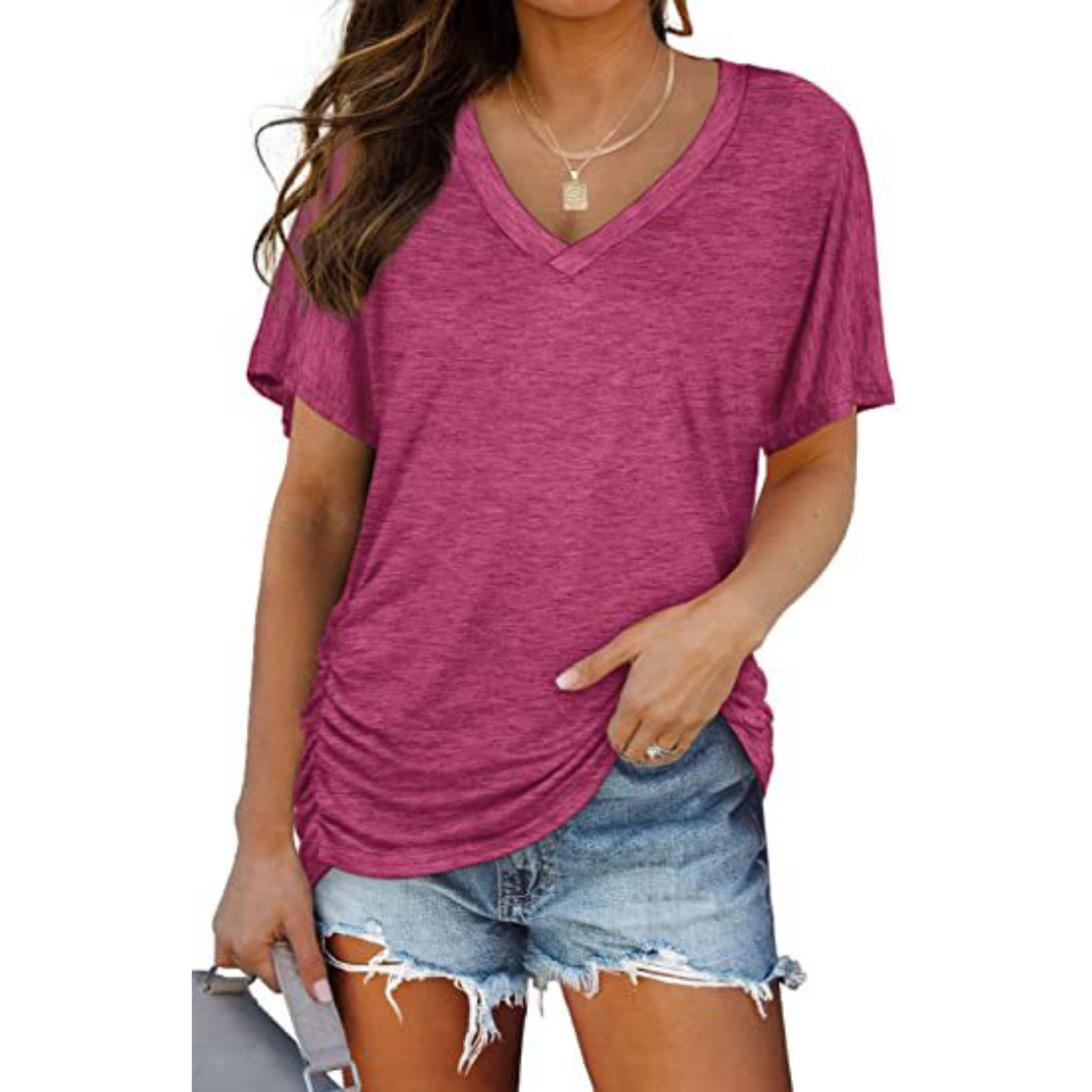 Clara women's shirt in solid navy blue, featuring a classic V-neck and loose fit style. 8