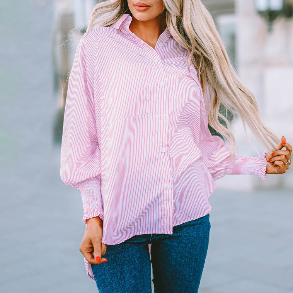 Relaxed fit button-up shirt for women in soft pastel blue cotton blend. 4