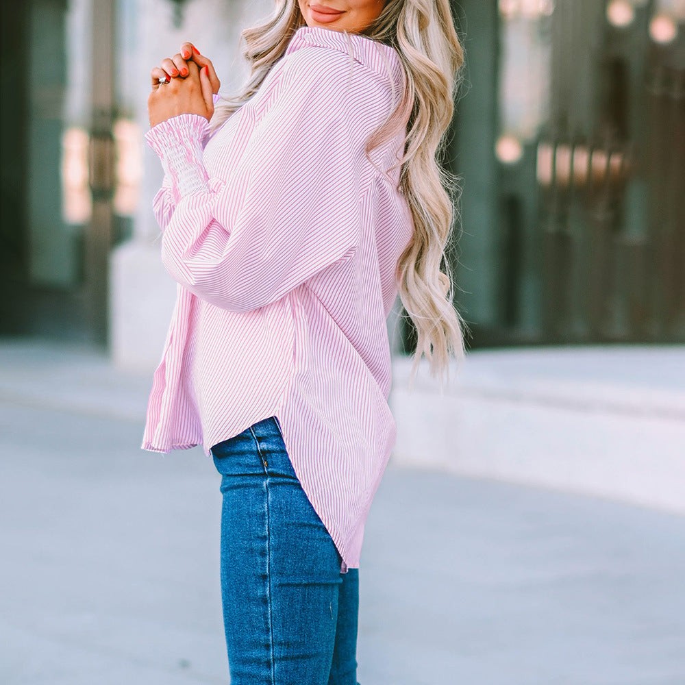 Relaxed fit button-up shirt for women in soft pastel blue cotton blend. 5