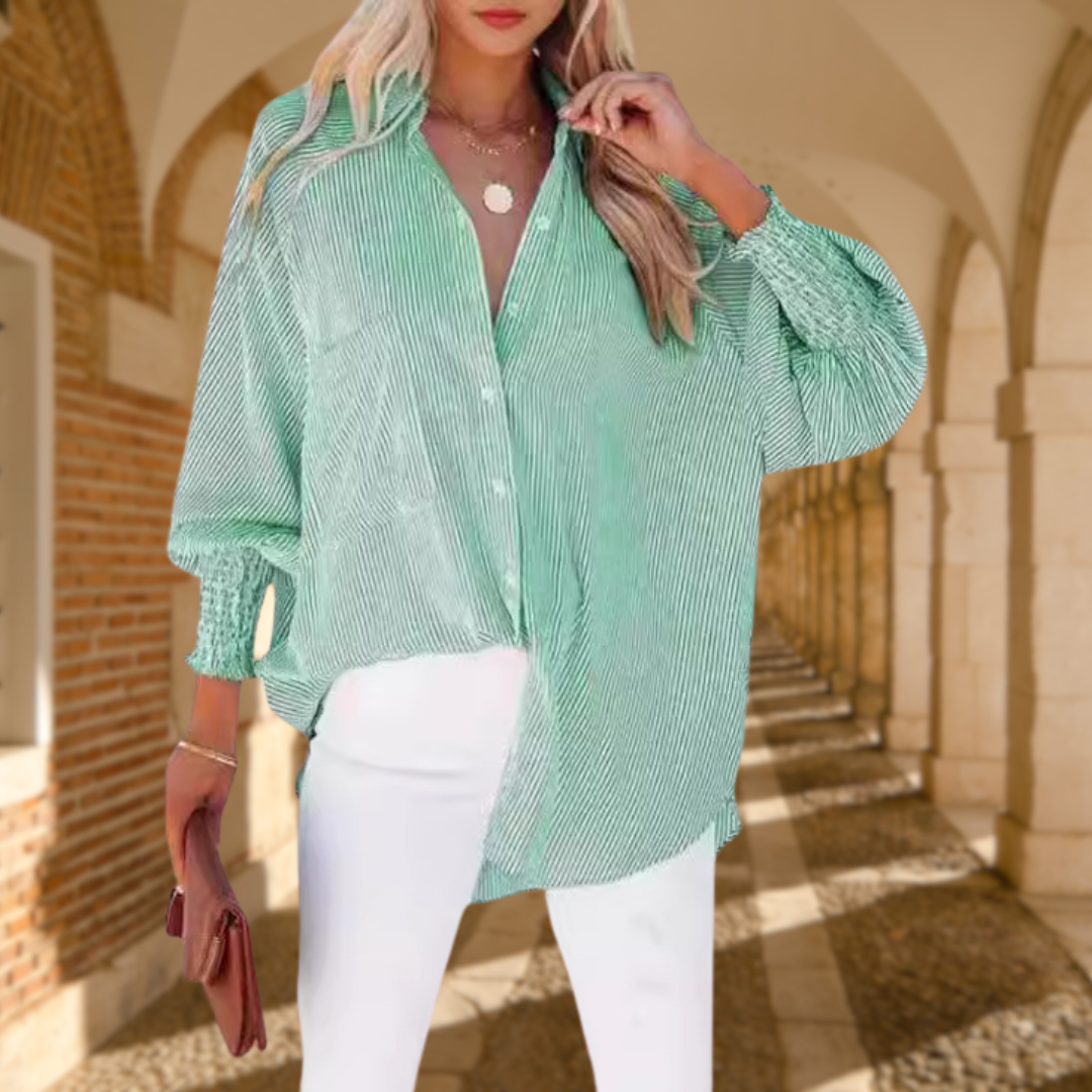 Relaxed fit button-up shirt for women in soft pastel blue cotton blend. 6
