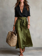 Soft beige two-piece midi set in a relaxed style, featuring a tie-waist sash for an effortless look. 0