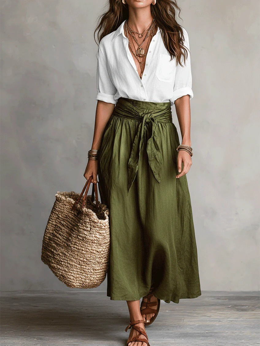 Soft beige two-piece midi set in a relaxed style, featuring a tie-waist sash for an effortless look. 2
