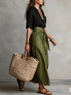 Soft beige two-piece midi set in a relaxed style, featuring a tie-waist sash for an effortless look. 5