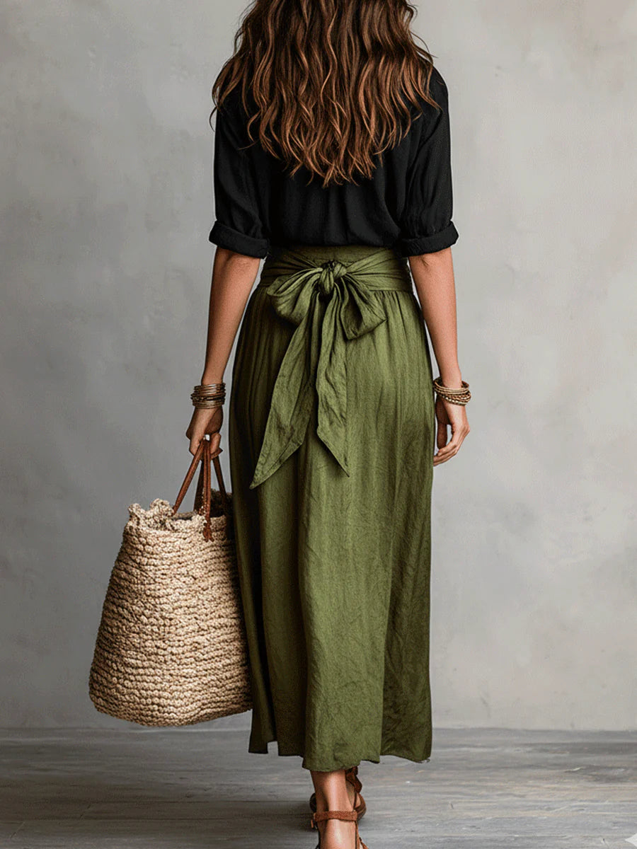 Soft beige two-piece midi set in a relaxed style, featuring a tie-waist sash for an effortless look. 6