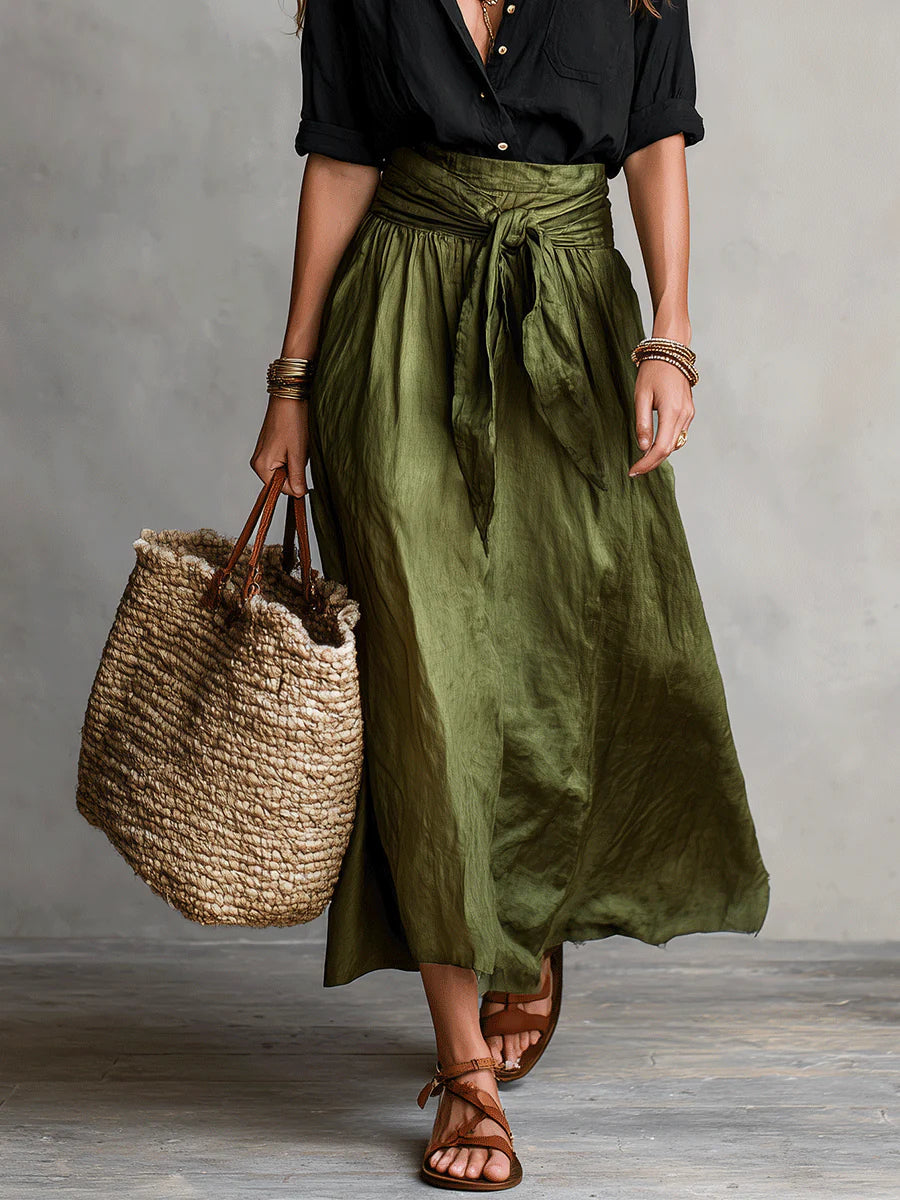 Soft beige two-piece midi set in a relaxed style, featuring a tie-waist sash for an effortless look. 8