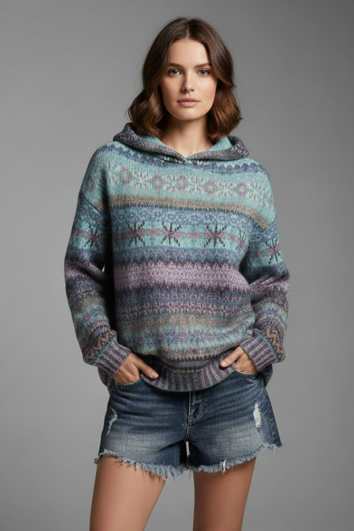 Women's patterned knit hooded jumper in soft blue and lilac tones.