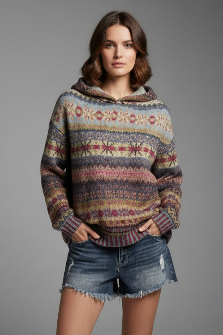 Women's patterned knit hooded jumper with ribbed cuffs.
