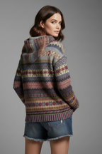 Women's patterned knit hooded jumper with ribbed cuffs.