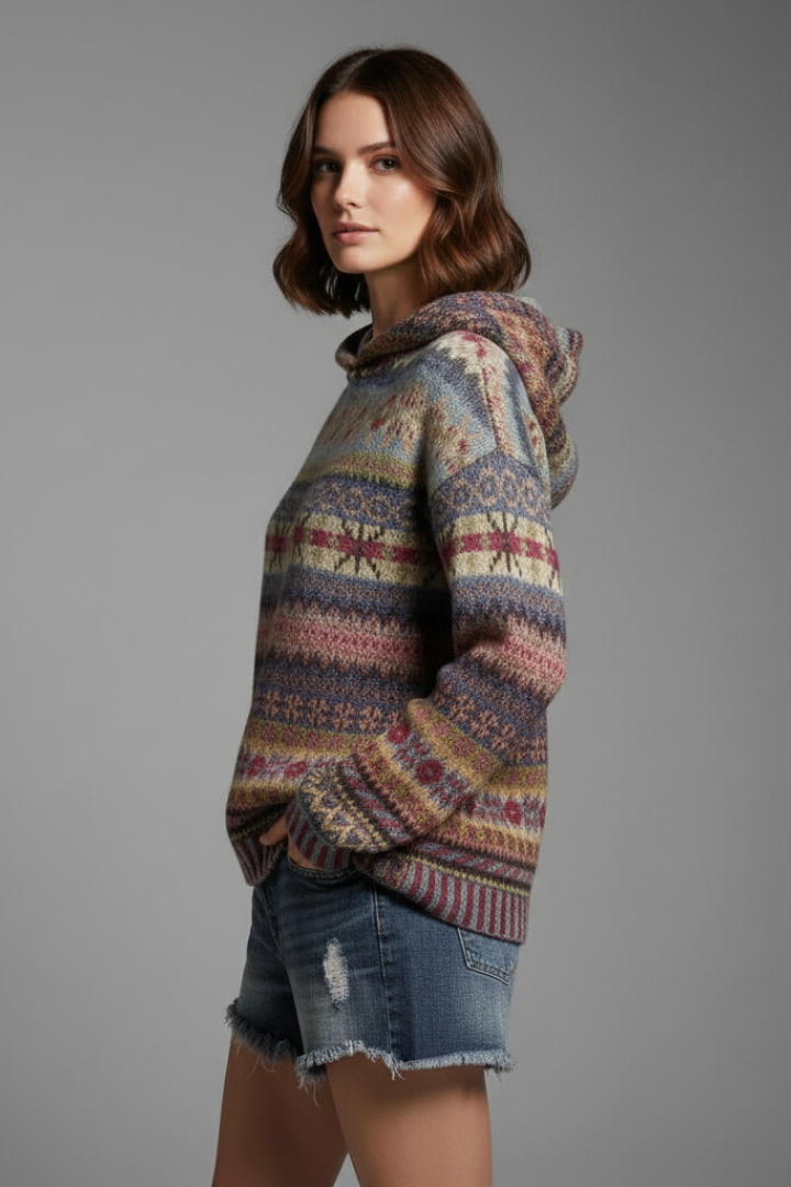 Women's patterned knit hooded jumper with ribbed cuffs.