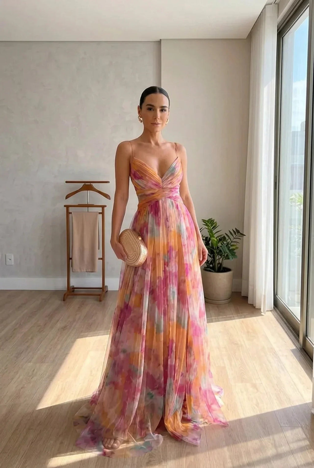 Floral print maxi dress in soft pastels, featuring adjustable straps and a flowing silhouette. 0