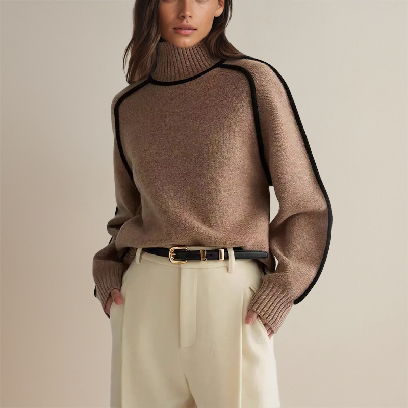Dora turtleneck sweater with contrast trim, brown, detail
