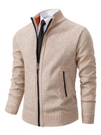 Beige men's zip-up knit cardigan with a ribbed stand collar.