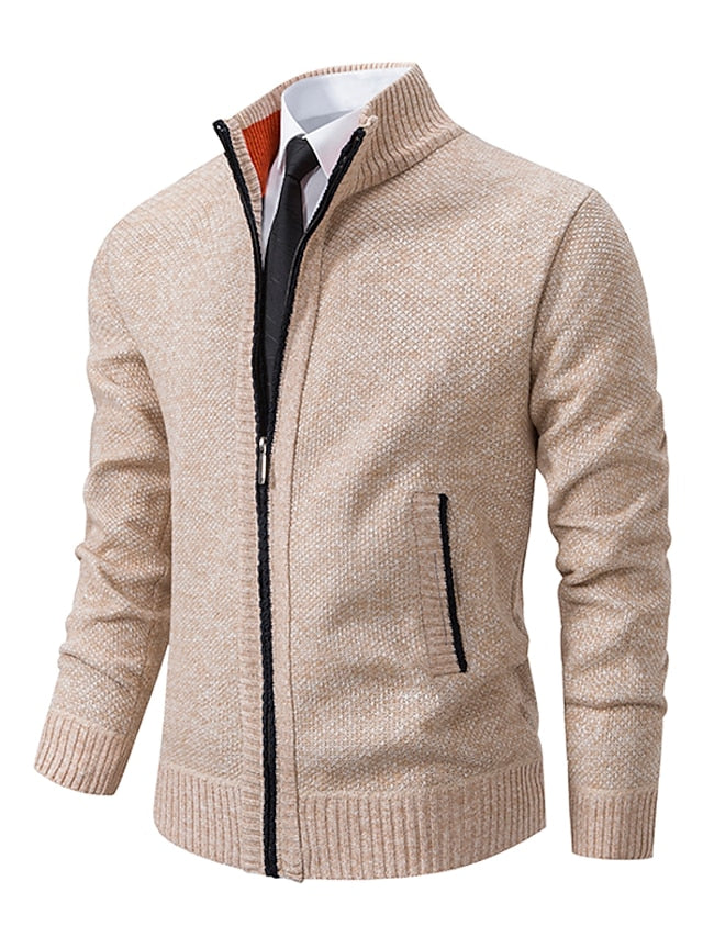 Beige men's zip-up knit cardigan with a ribbed stand collar.
