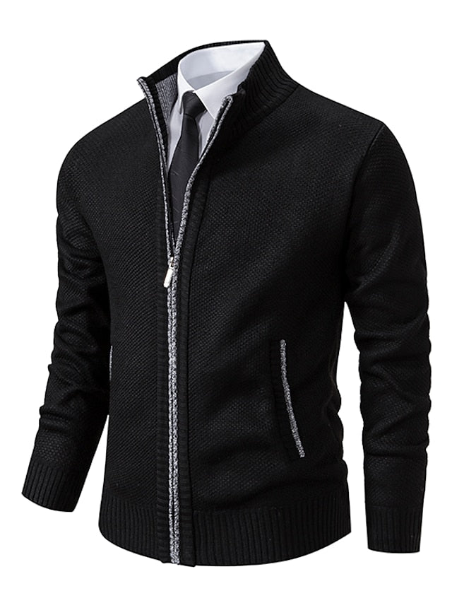 Men's zip-up knit cardigan with a ribbed stand collar.