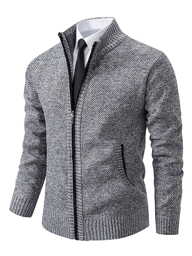 Men's zip-up knit cardigan with a ribbed stand collar.