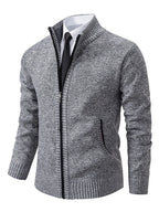 Men's zip-up knit cardigan with a ribbed stand collar.