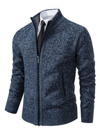 Men's zip-up knit cardigan with a ribbed stand collar.
