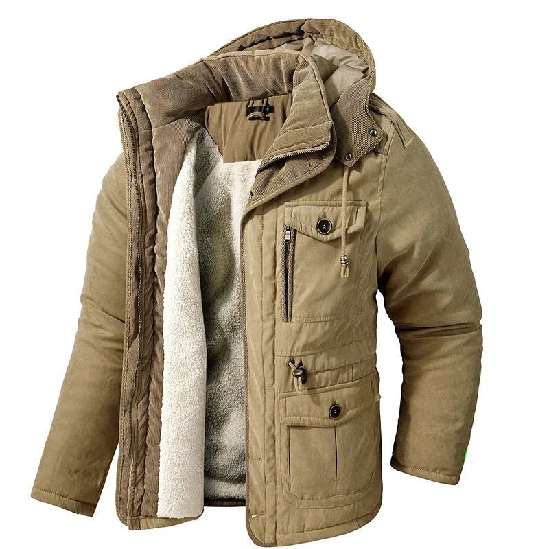 Douwe fleece-lined parka in khaki, front view