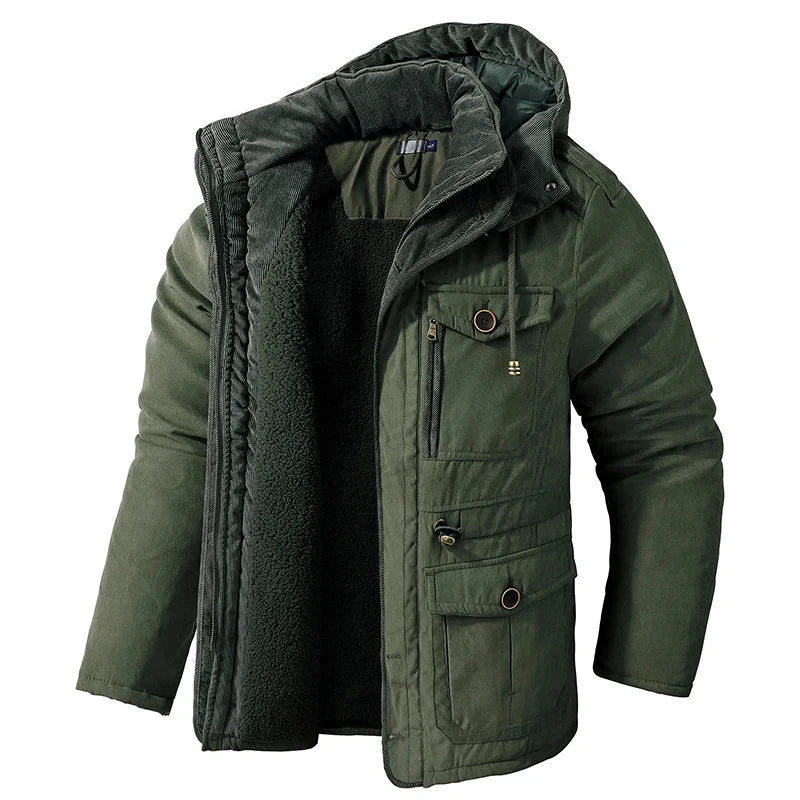 Douwe fleece-lined parka in army green, front view