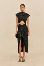Eamon AIRA Dress Black Plisse Midi Cocktail Dress with Chest Cutout 0