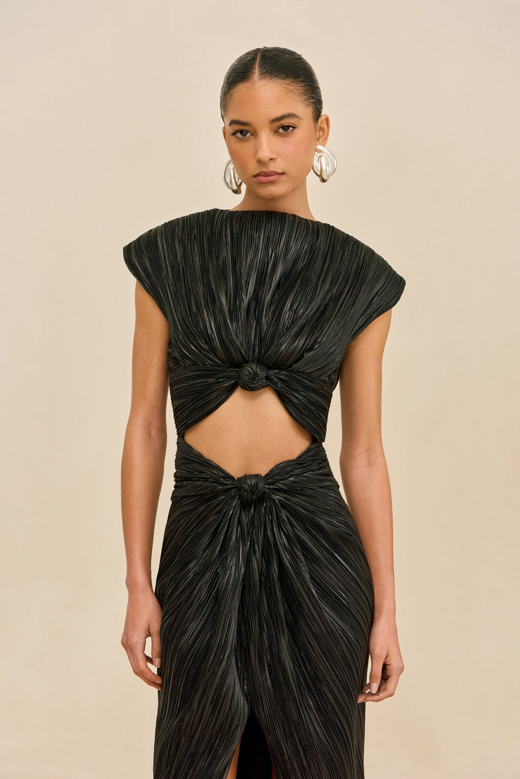 Eamon AIRA Dress Black Plisse Midi Cocktail Dress with Chest Cutout 1