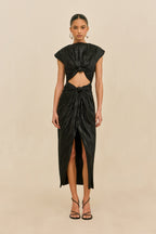 Eamon AIRA Dress Black Plisse Midi Cocktail Dress with Chest Cutout 2