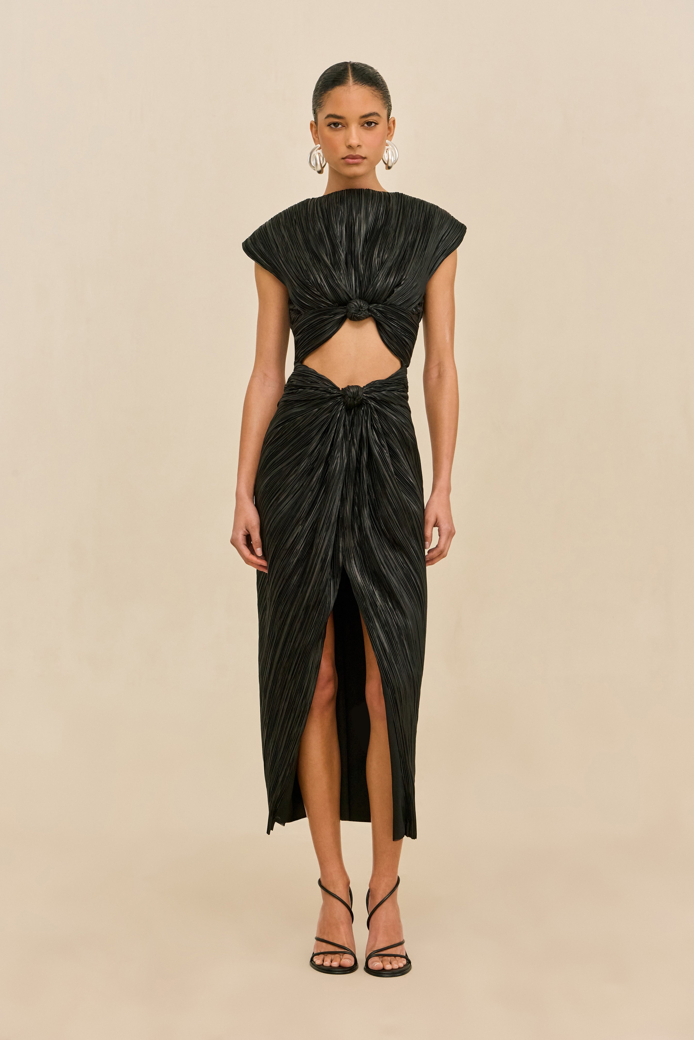 Eamon AIRA Dress Black Plisse Midi Cocktail Dress with Chest Cutout 2