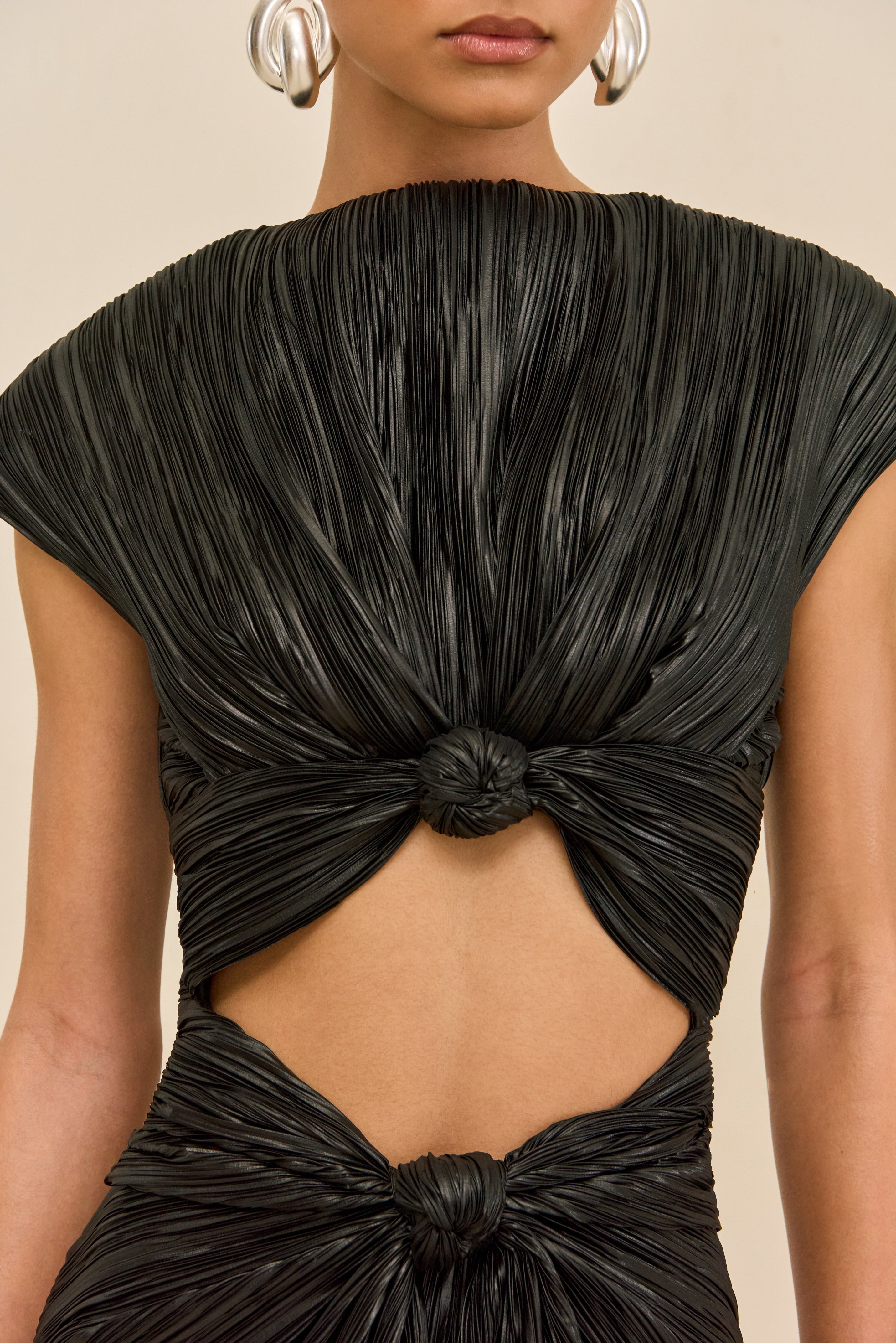 Eamon AIRA Dress Black Plisse Midi Cocktail Dress with Chest Cutout 3