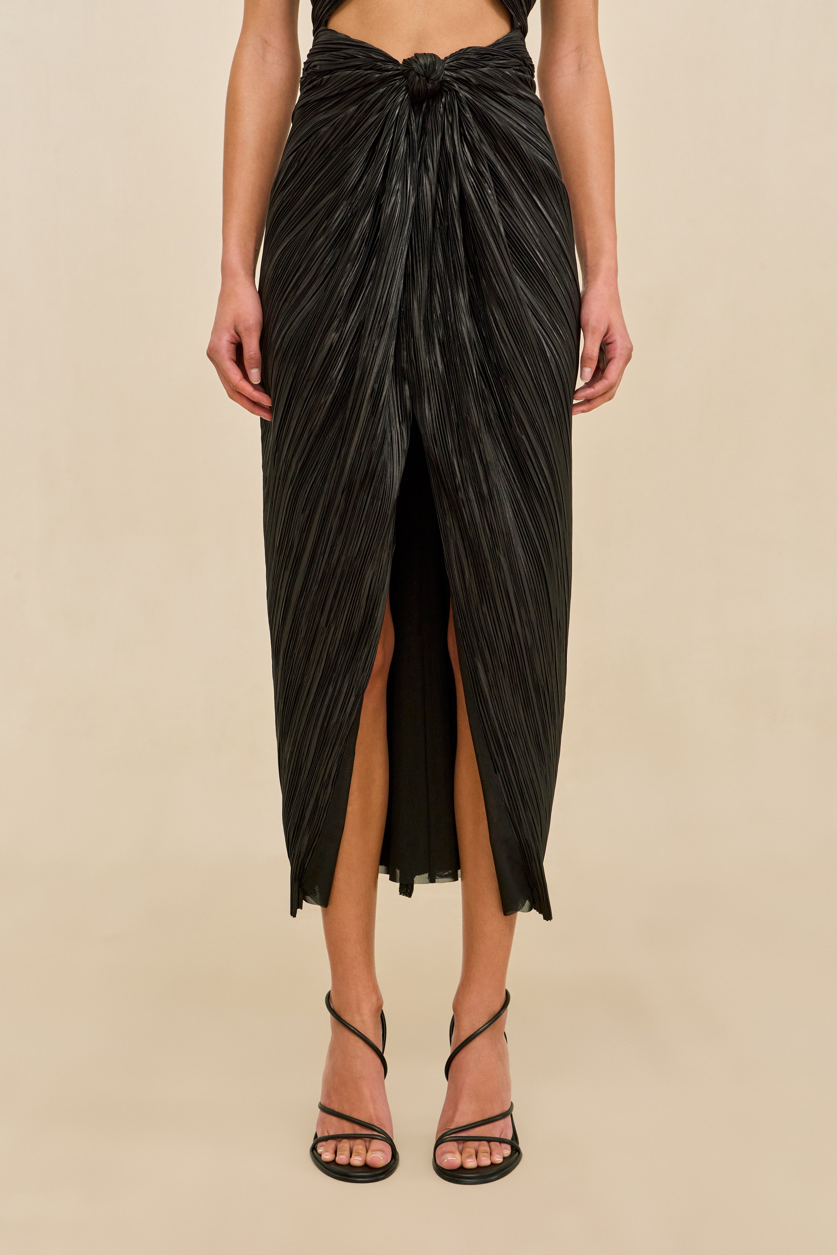 Eamon AIRA Dress Black Plisse Midi Cocktail Dress with Chest Cutout 4