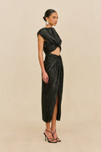 Eamon AIRA Dress Black Plisse Midi Cocktail Dress with Chest Cutout 5