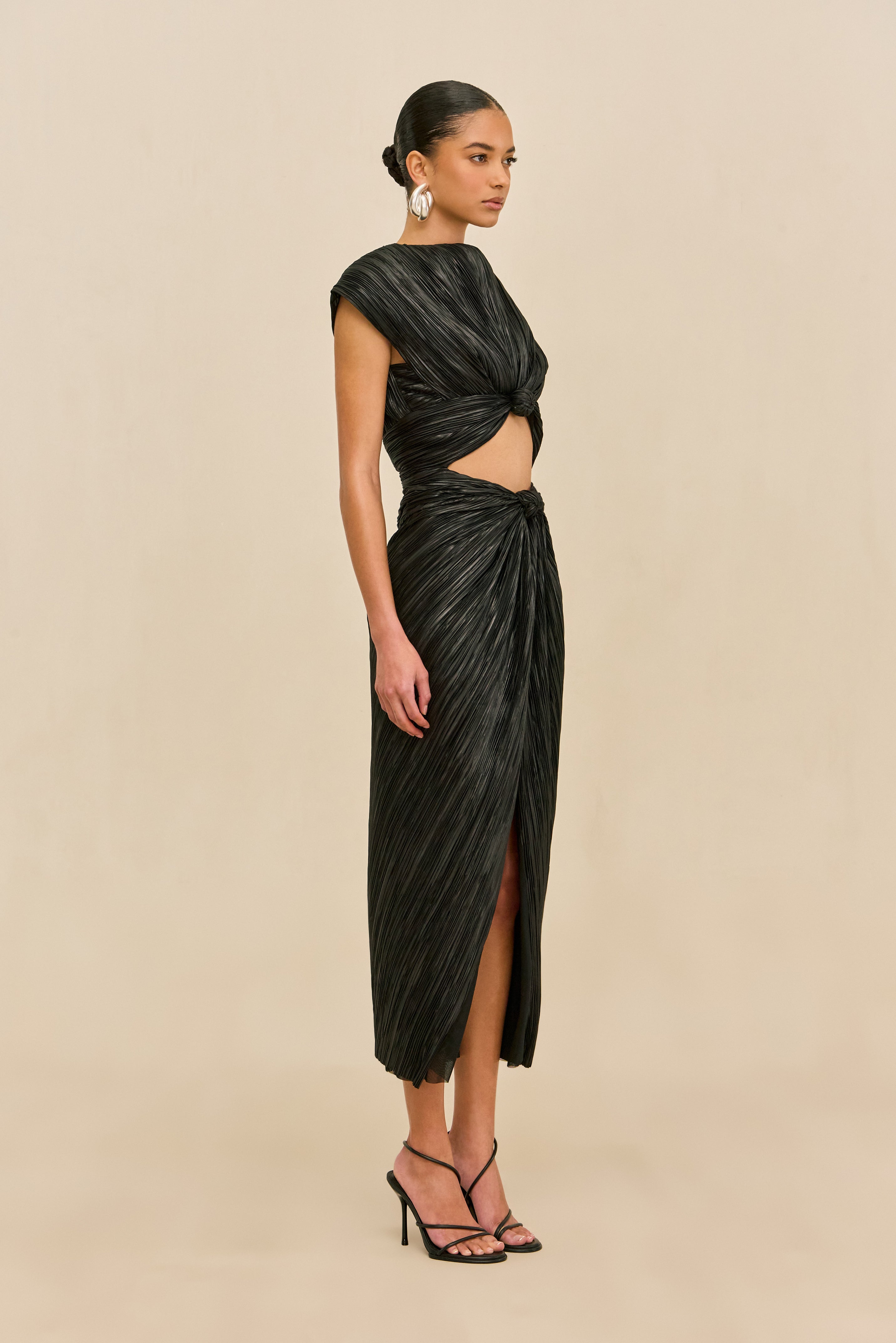 Eamon AIRA Dress Black Plisse Midi Cocktail Dress with Chest Cutout 5