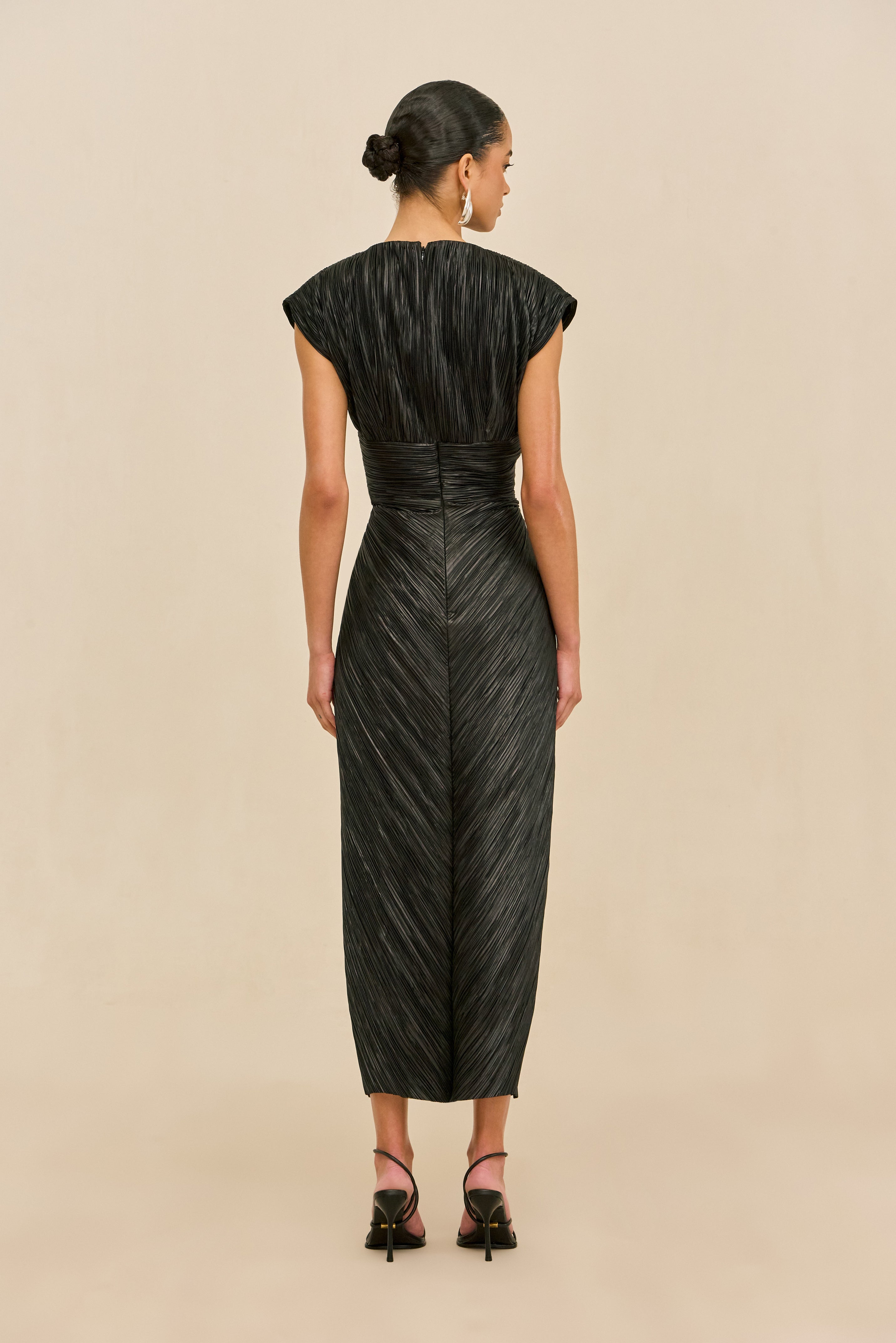 Eamon AIRA Dress Black Plisse Midi Cocktail Dress with Chest Cutout 6