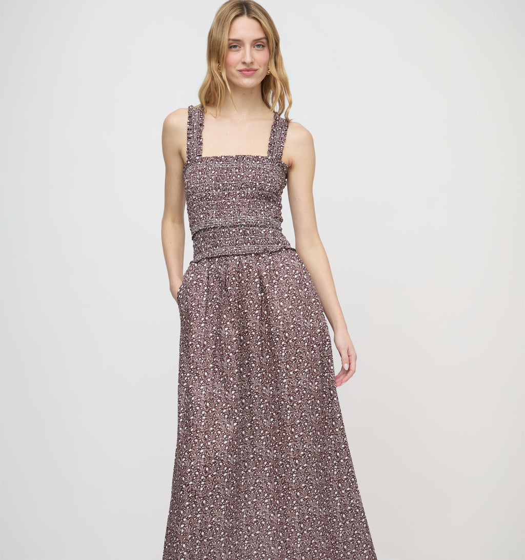Eamon Azalea Maxi Nap Dress Chocolate Ditsy Thistle Smocked Bodice 0