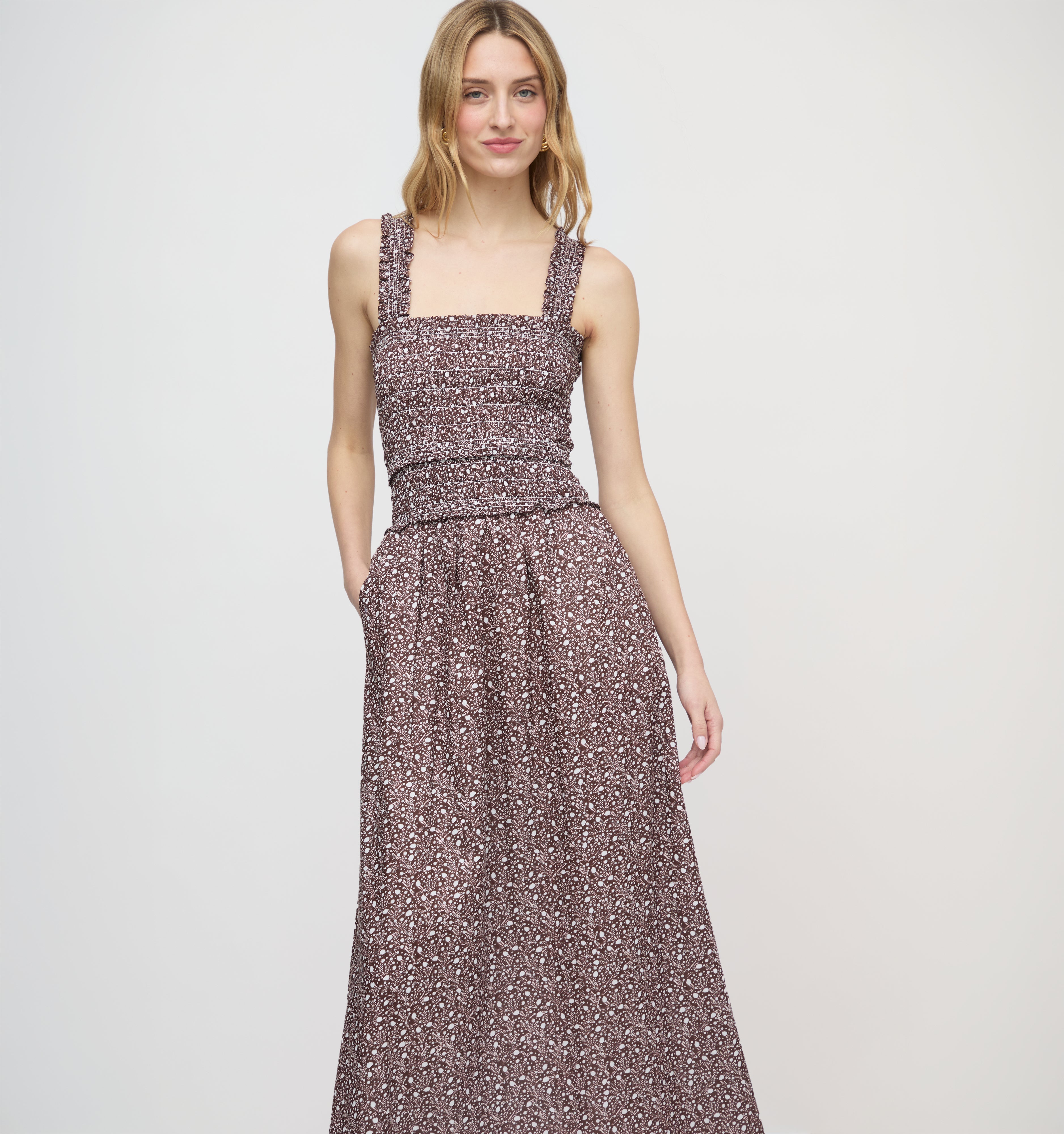 Eamon Azalea Maxi Nap Dress Chocolate Ditsy Thistle Smocked Bodice 0