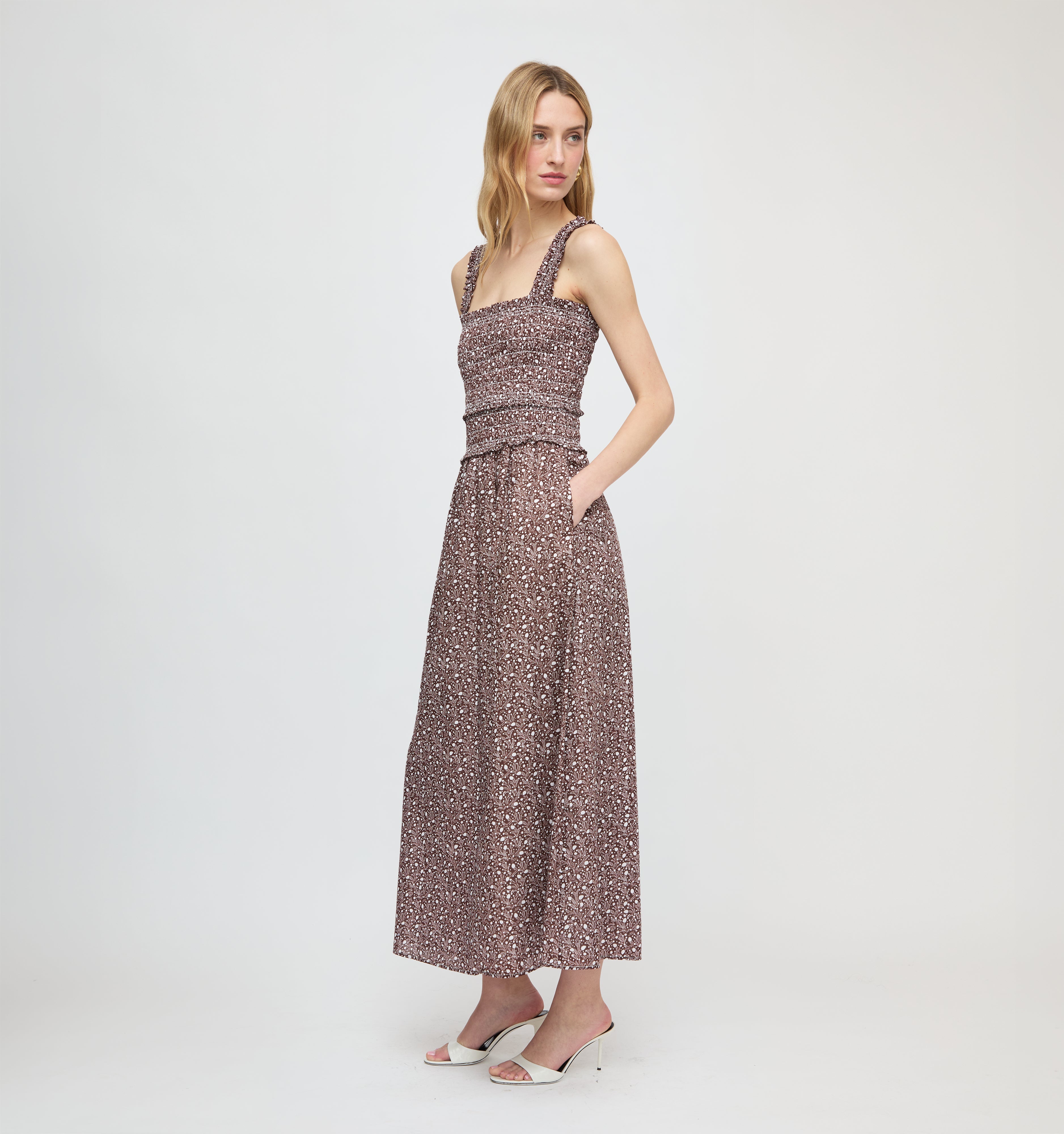 Eamon Azalea Maxi Nap Dress Chocolate Ditsy Thistle Smocked Bodice 1