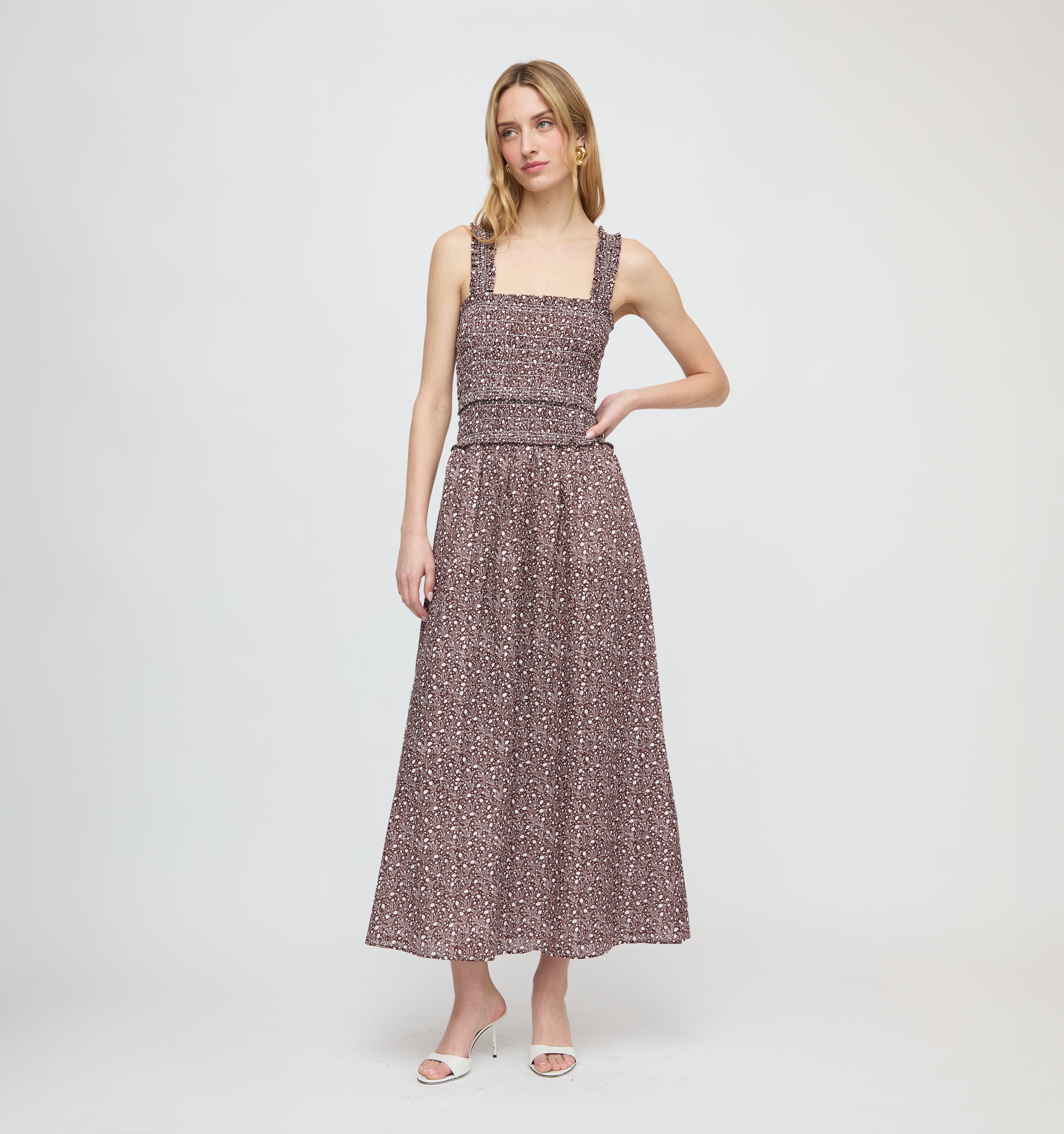 Eamon Azalea Maxi Nap Dress Chocolate Ditsy Thistle Smocked Bodice 2