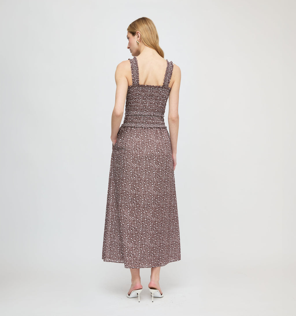 Eamon Azalea Maxi Nap Dress Chocolate Ditsy Thistle Smocked Bodice 3
