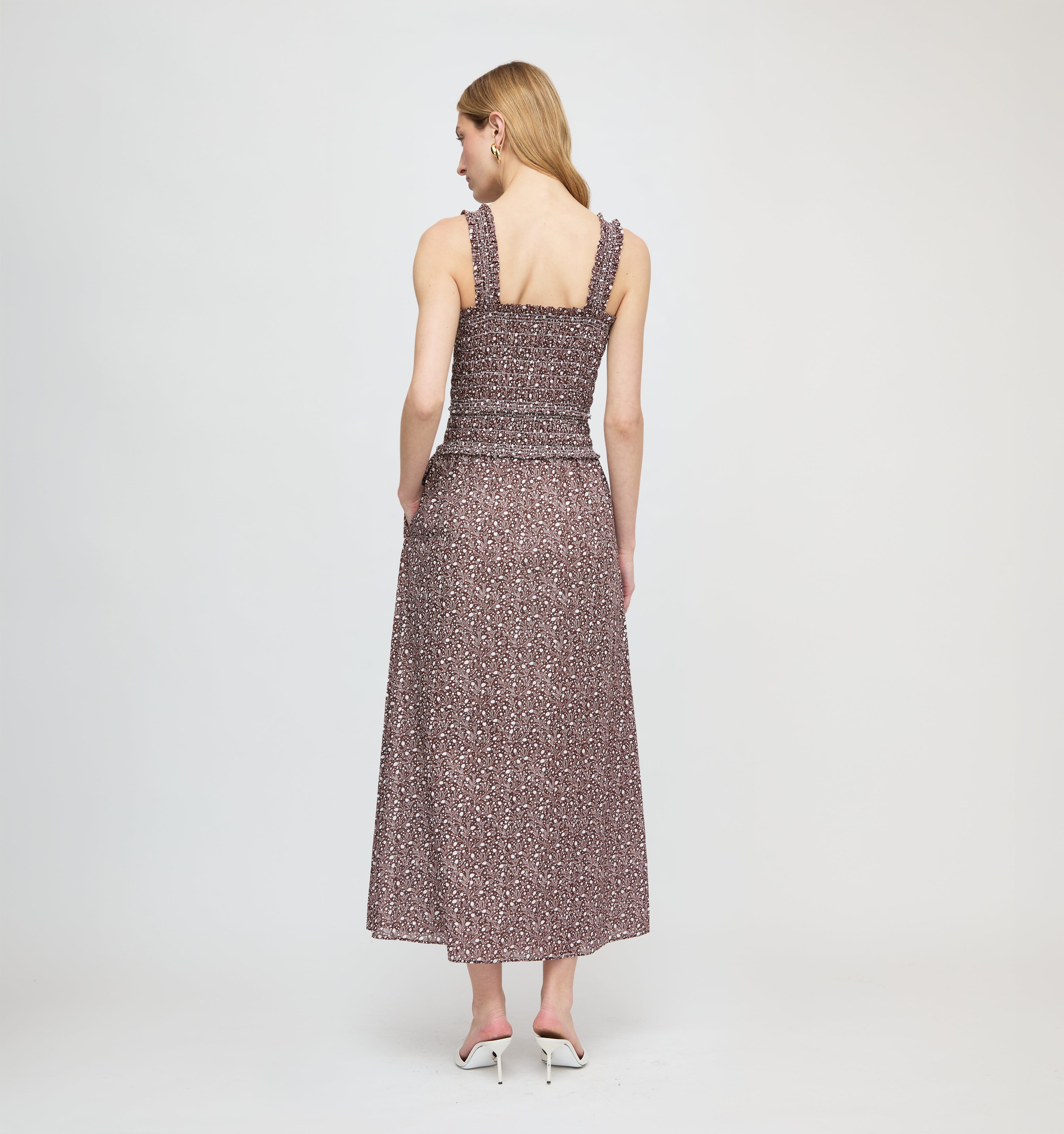 Eamon Azalea Maxi Nap Dress Chocolate Ditsy Thistle Smocked Bodice 3